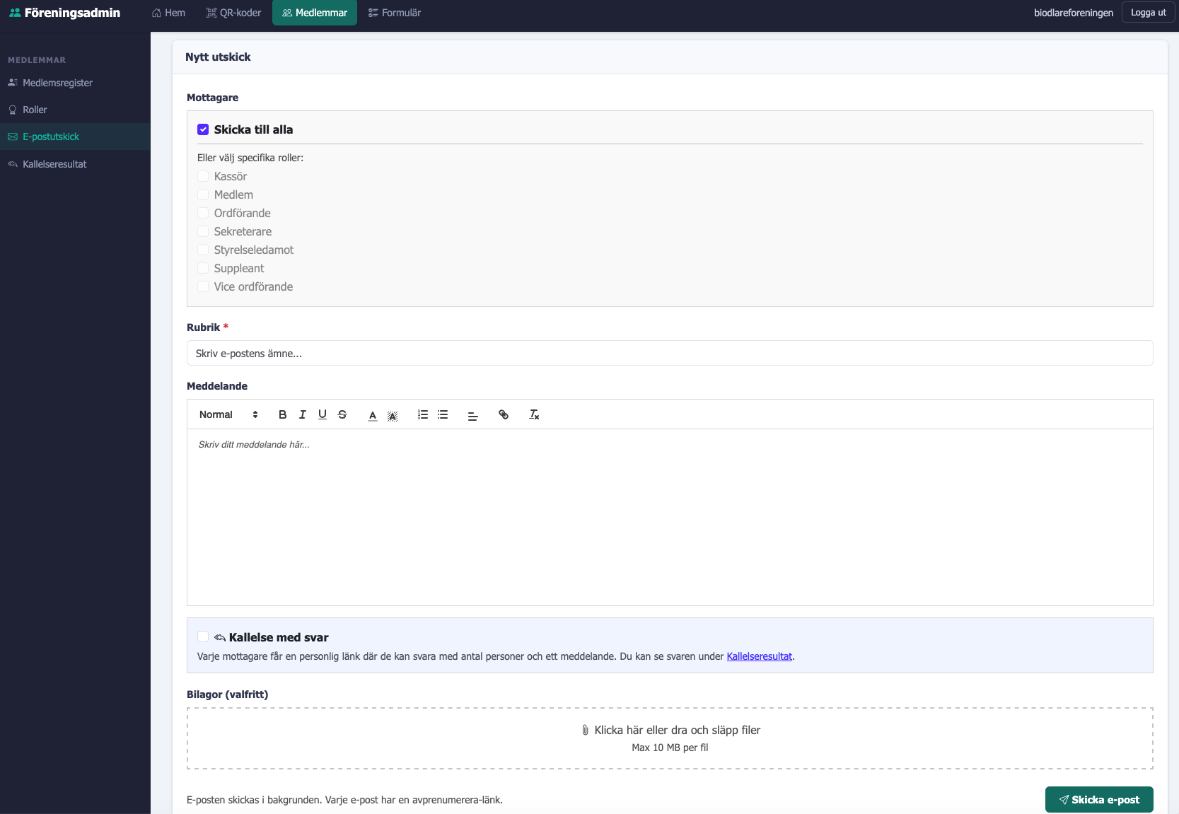 Skärmbild av e-postutskick med ämnesrad, textfält och mottagarval