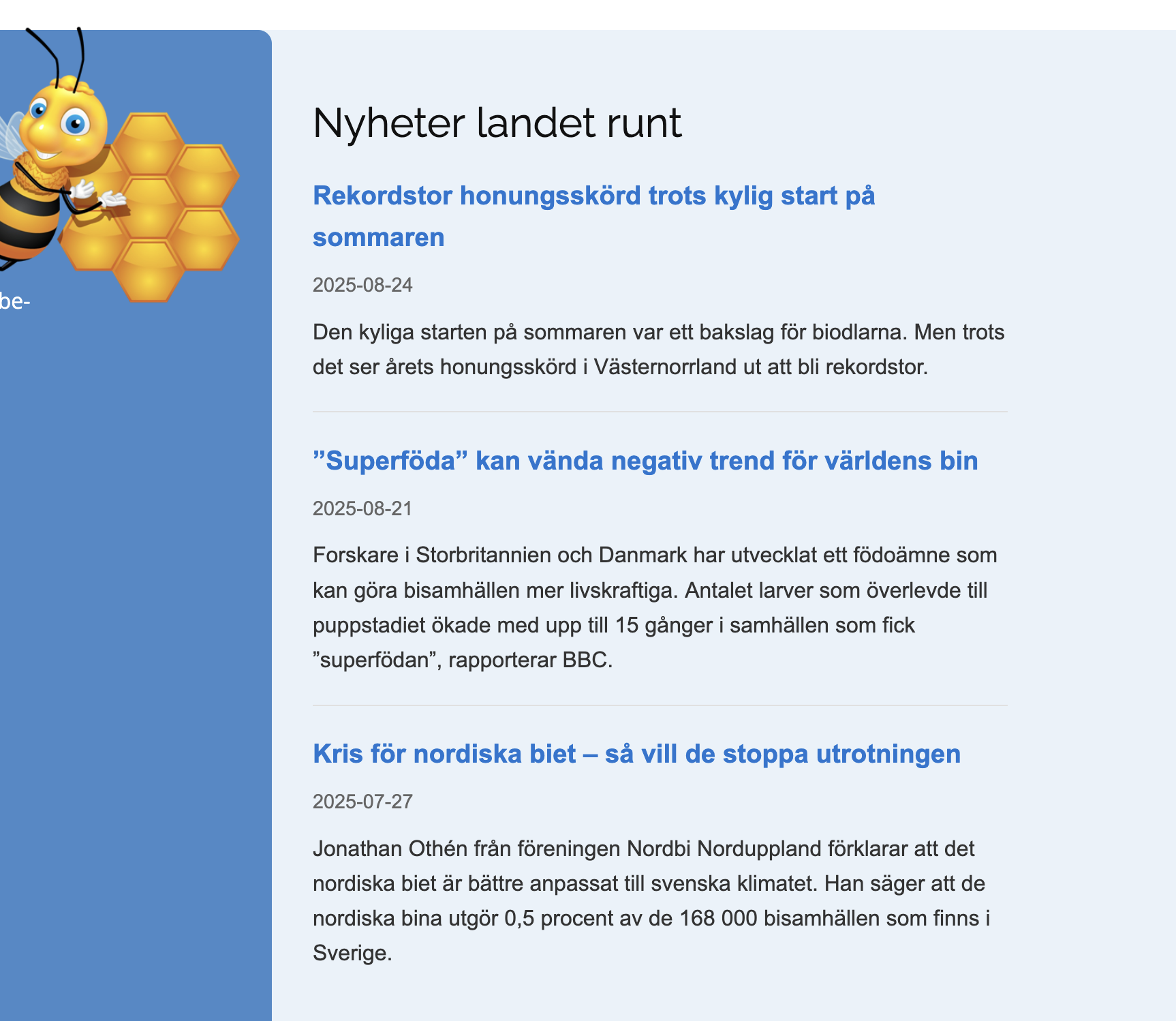 Skärmbild av nyhetsflödet med publicerade nyheter på föreningens hemsida